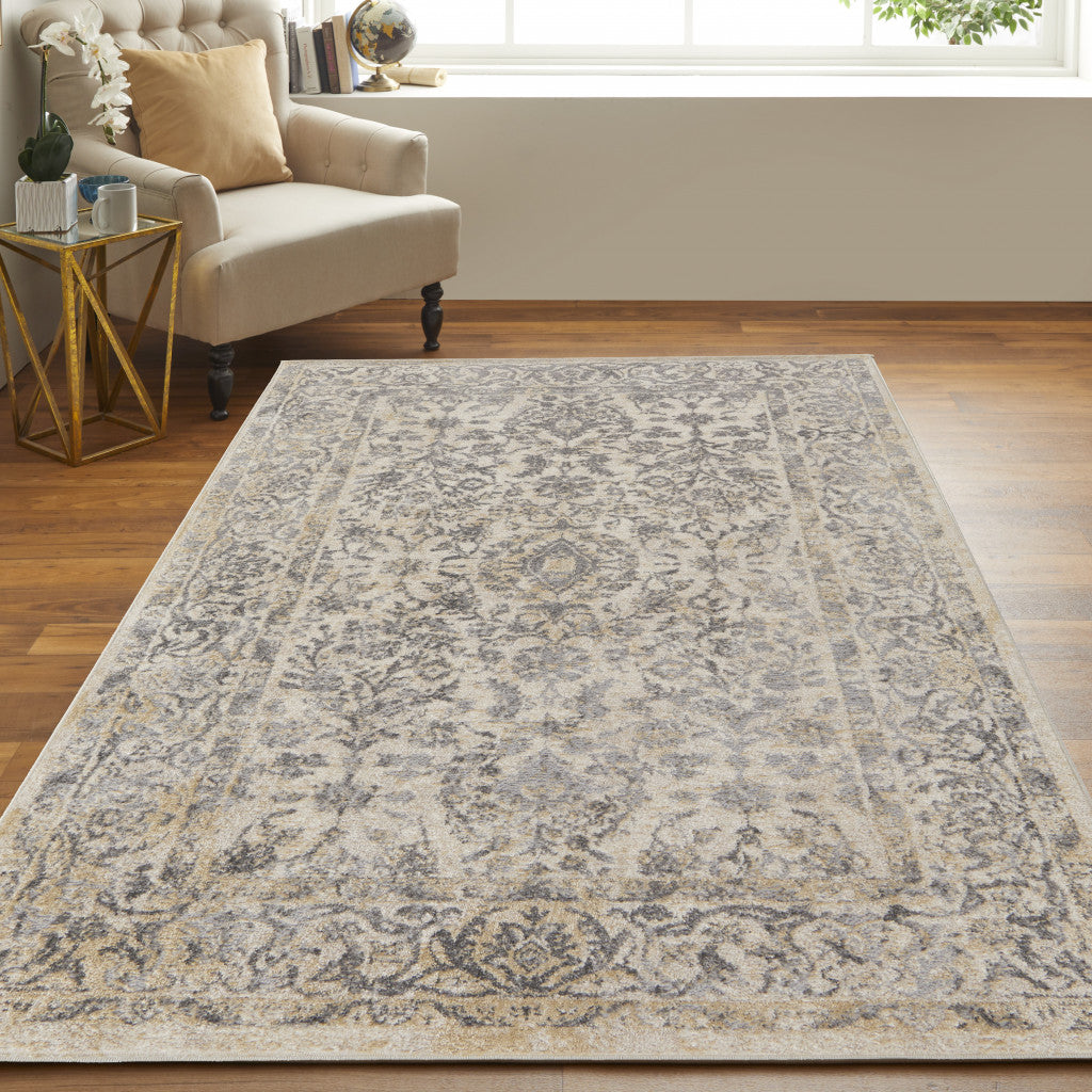 8' X 10' Blue And Ivory Floral Power Loom Distressed Area Rug