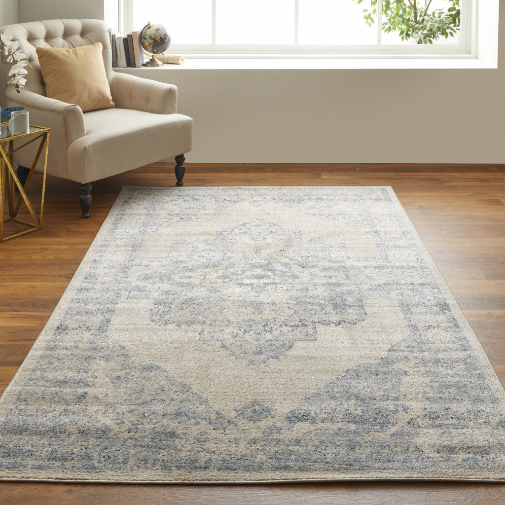 8' X 10' Blue And Ivory Floral Power Loom Distressed Area Rug