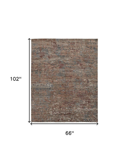 5' X 8' Red And Blue Wool Abstract Hand Knotted Area Rug