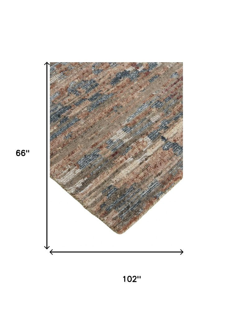 5' X 8' Red And Blue Wool Abstract Hand Knotted Area Rug