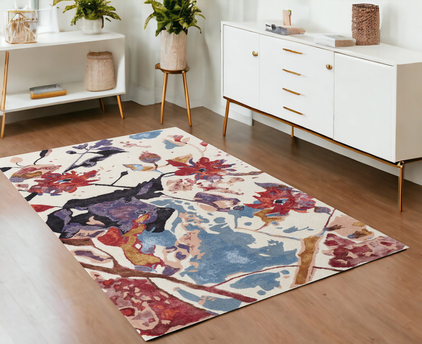 8' X 10' Blue and Red Floral Hand Tufted Area Rug