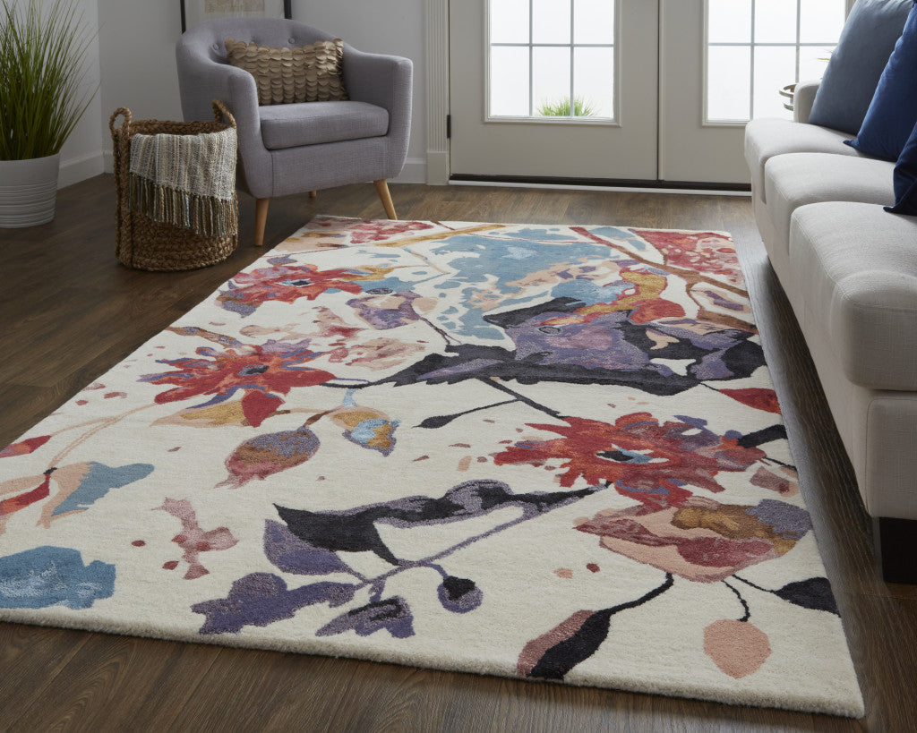 8' X 10' Blue and Red Floral Hand Tufted Area Rug