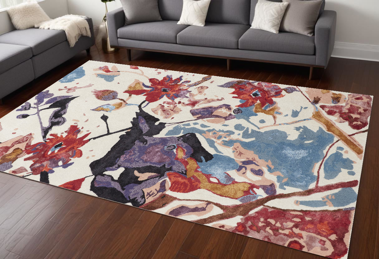 8' X 10' Blue and Red Floral Hand Tufted Area Rug