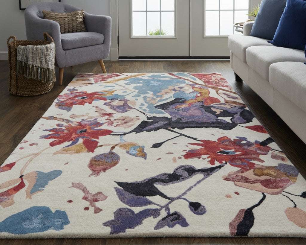 8' X 10' Blue and Red Floral Hand Tufted Area Rug