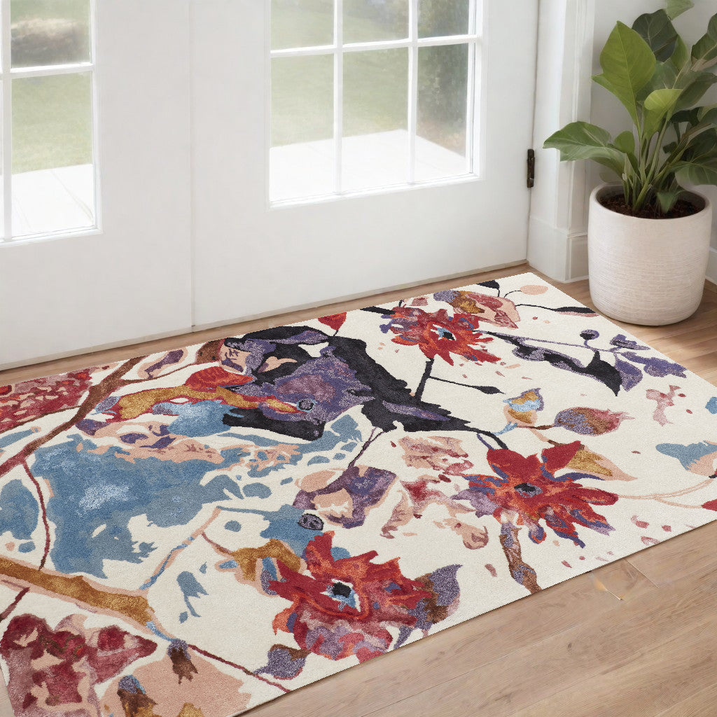 8' X 10' Blue and Red Floral Hand Tufted Area Rug