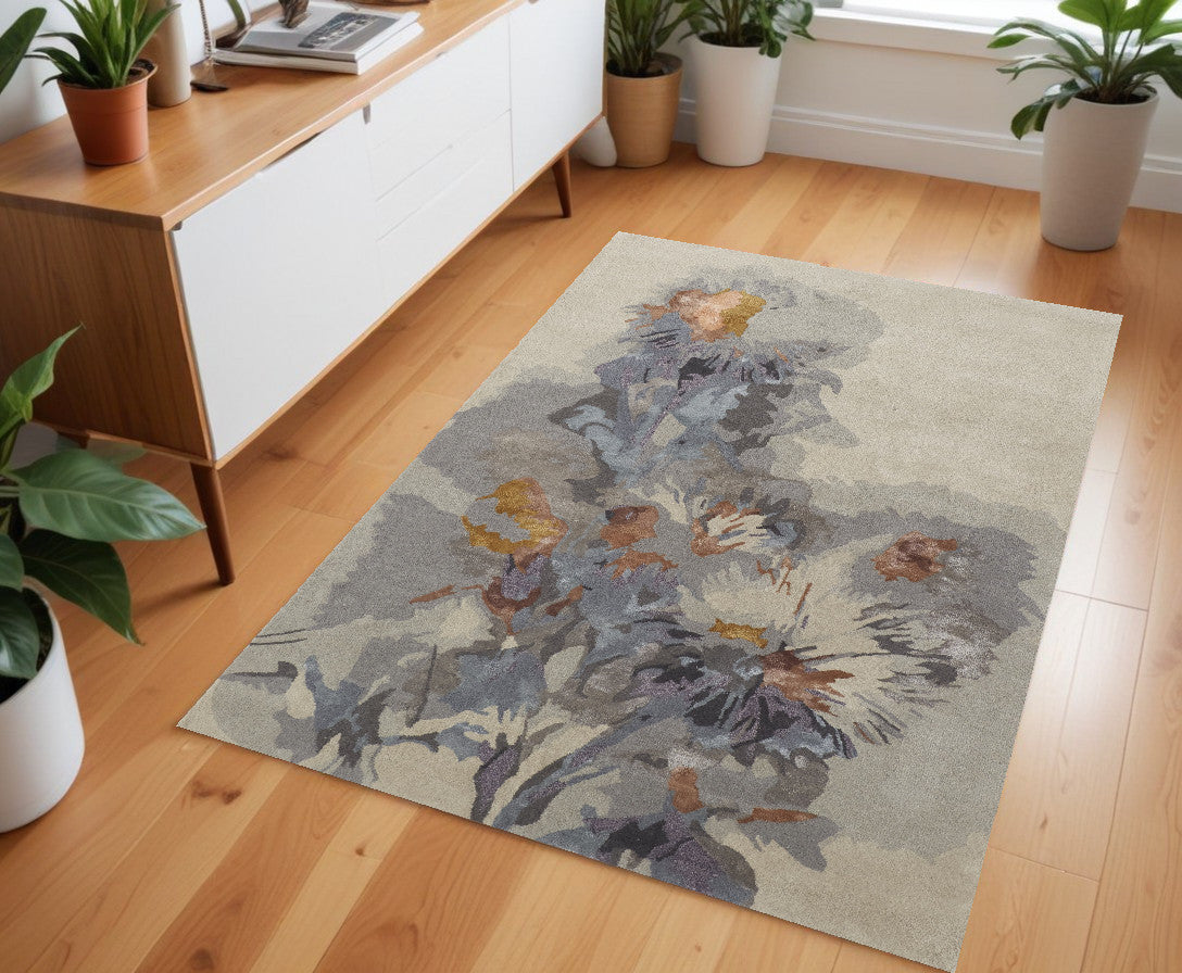 4' x 6' Blue and Gray Wool Floral Hand Tufted Area Rug