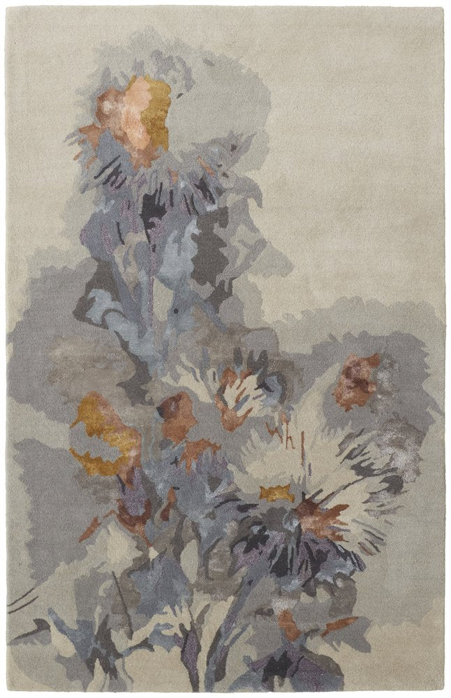 5' X 8' Blue and Gray Wool Floral Hand Tufted Area Rug