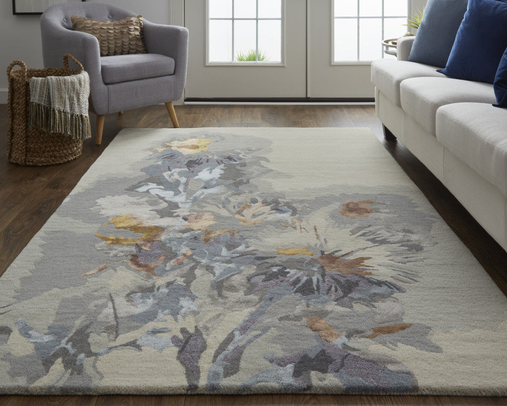 4' x 6' Blue and Gray Wool Floral Hand Tufted Area Rug