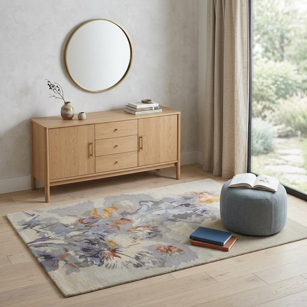 4' X 6' Blue and Gray Wool Floral Hand Tufted Area Rug