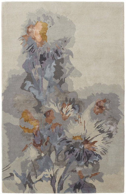 5' X 8' Blue and Gray Wool Floral Hand Tufted Area Rug