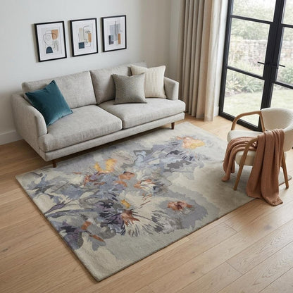 5' X 8' Blue and Gray Wool Floral Hand Tufted Area Rug