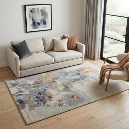 4' X 6' Blue and Gray Wool Floral Hand Tufted Area Rug