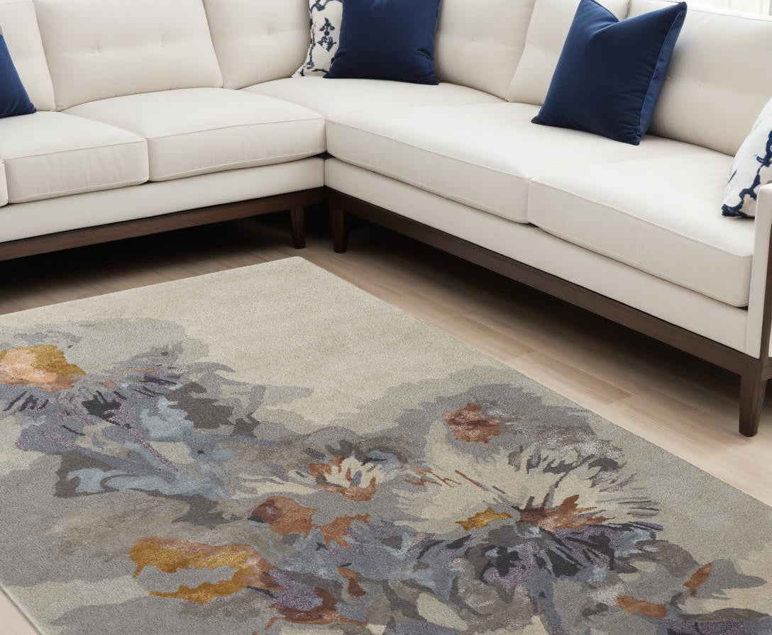 4' X 6' Blue and Gray Wool Floral Hand Tufted Area Rug