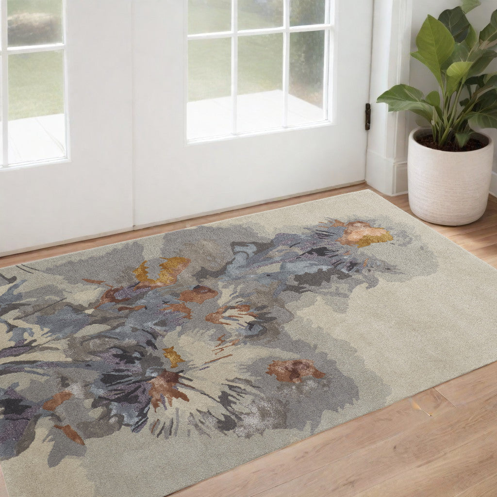 4' x 6' Blue and Gray Wool Floral Hand Tufted Area Rug