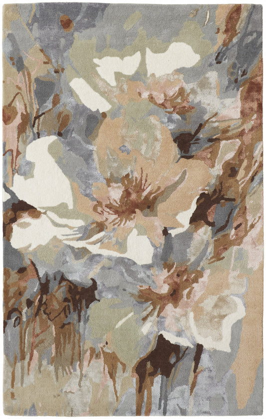 2' X 3' Tan and Gray Wool Floral Hand Tufted Area Rug