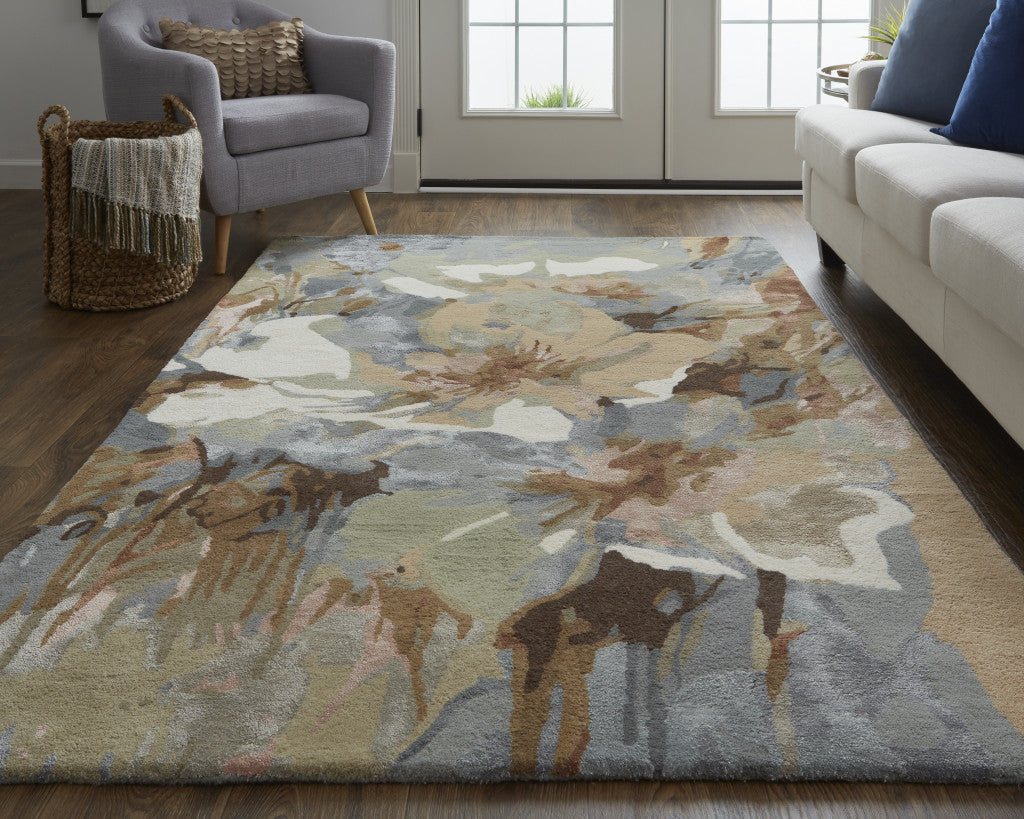 4' X 6' Tan and Gray Wool Floral Hand Tufted Area Rug