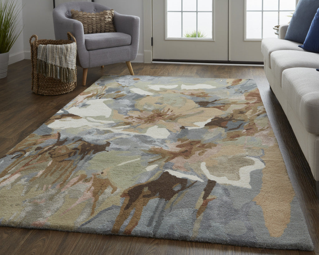 8' X 10' Tan and Gray Wool Floral Hand Tufted Area Rug