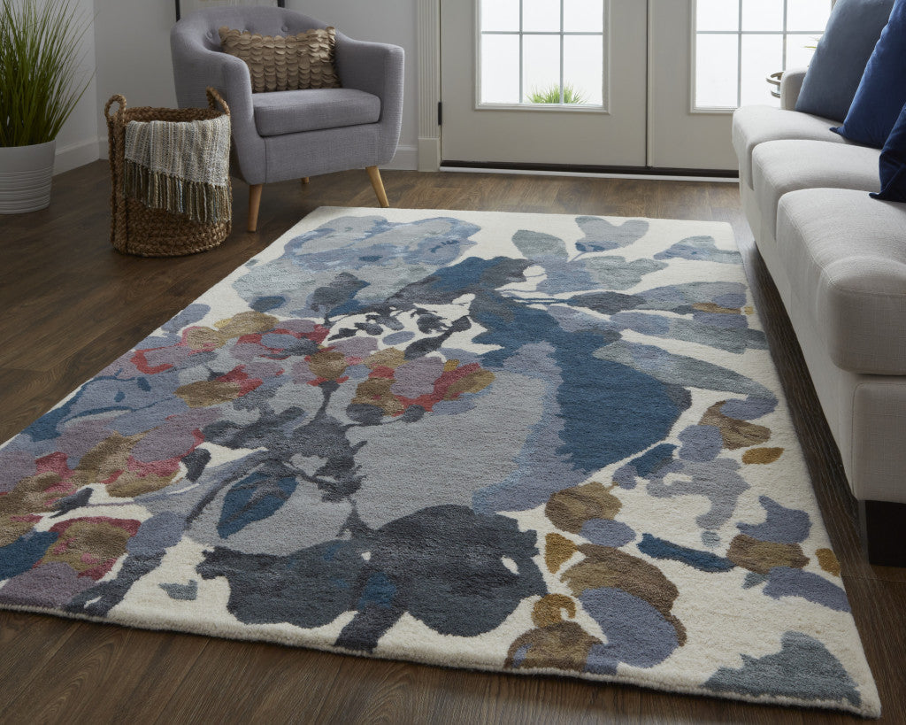 4' x 6' Blue Gray and Pink Wool Floral Hand Tufted Area Rug