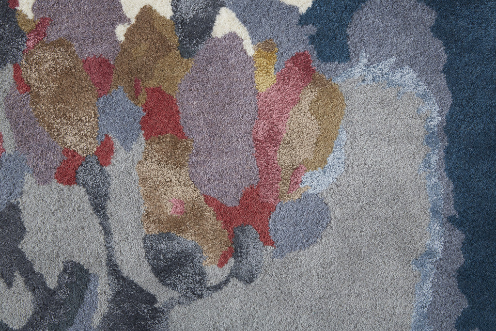 2' X 3' Blue Gray and Pink Wool Floral Hand Tufted Area Rug