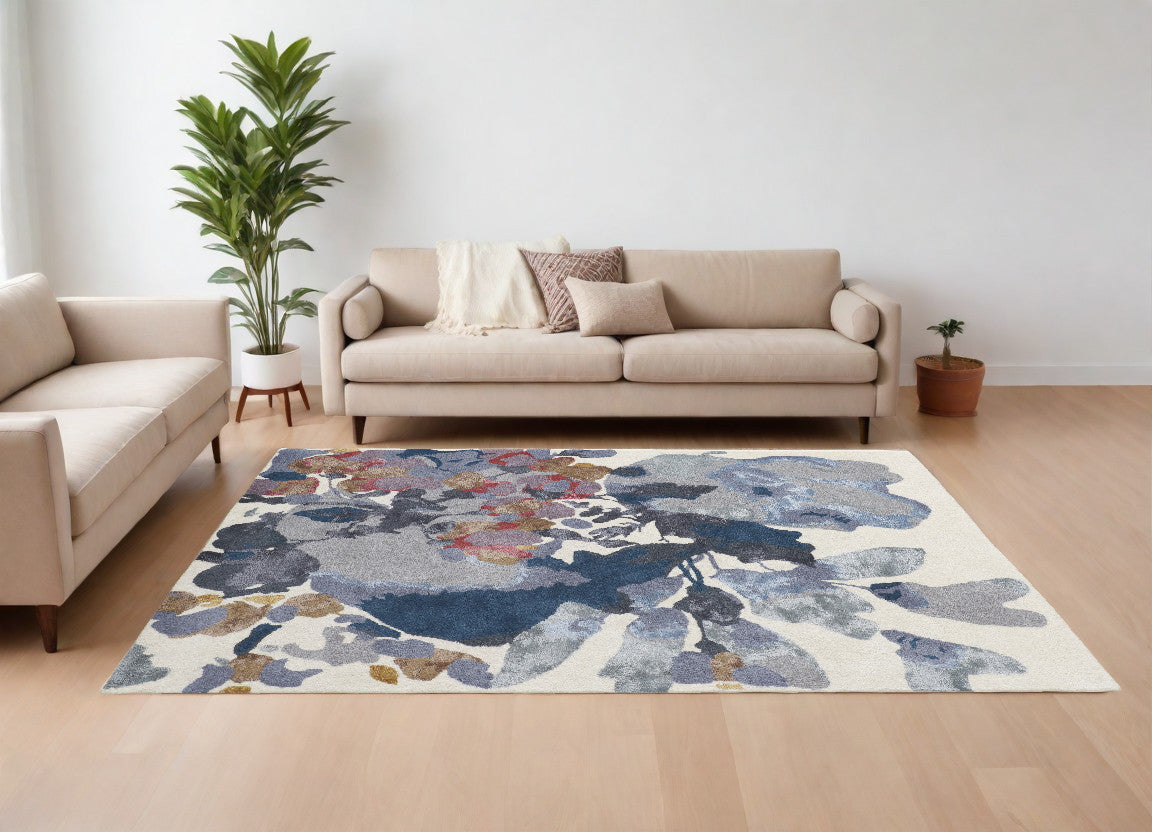 8' X 10' Blue Gray and Pink Wool Floral Hand Tufted Area Rug