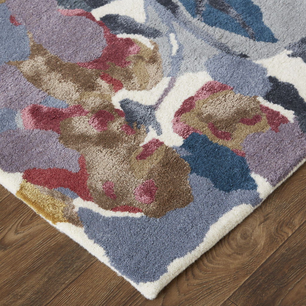 4' x 6' Blue Gray and Pink Wool Floral Hand Tufted Area Rug