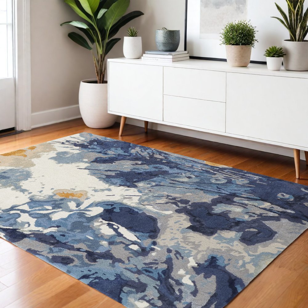 8' X 10' Blue Copper And Ivory Wool Floral Hand Tufted Area Rug