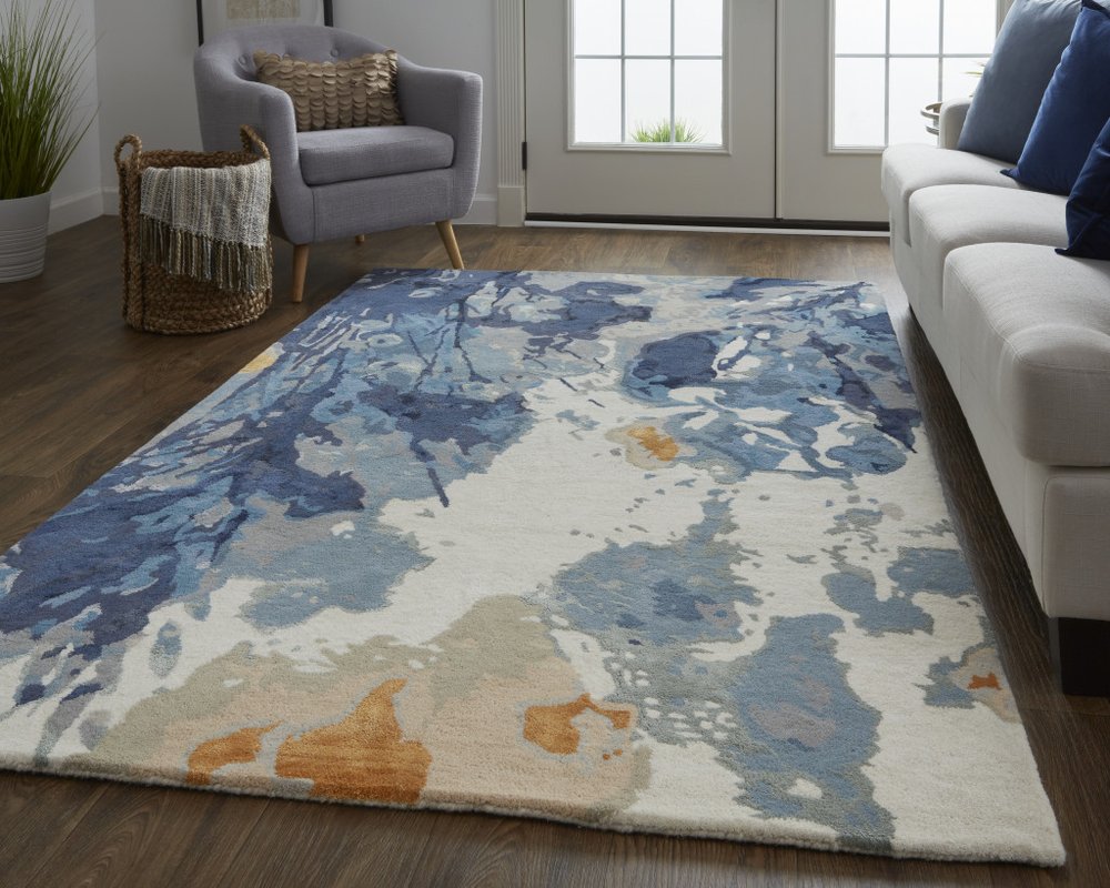 8' X 10' Blue Copper And Ivory Wool Floral Hand Tufted Area Rug