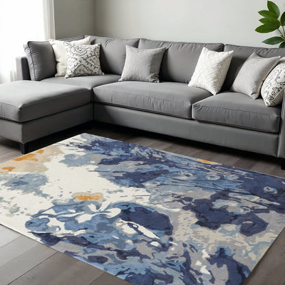 8' X 10' Blue Copper And Ivory Wool Floral Hand Tufted Area Rug