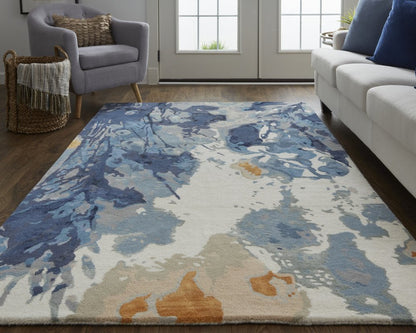 8' X 10' Blue Copper And Ivory Wool Floral Hand Tufted Area Rug