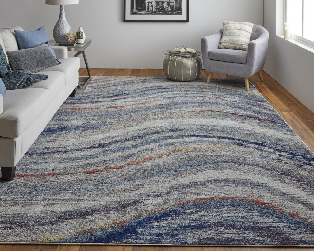 7' X 10' Blue Gray And Orange Abstract Power Loom Stain Resistant Area Rug