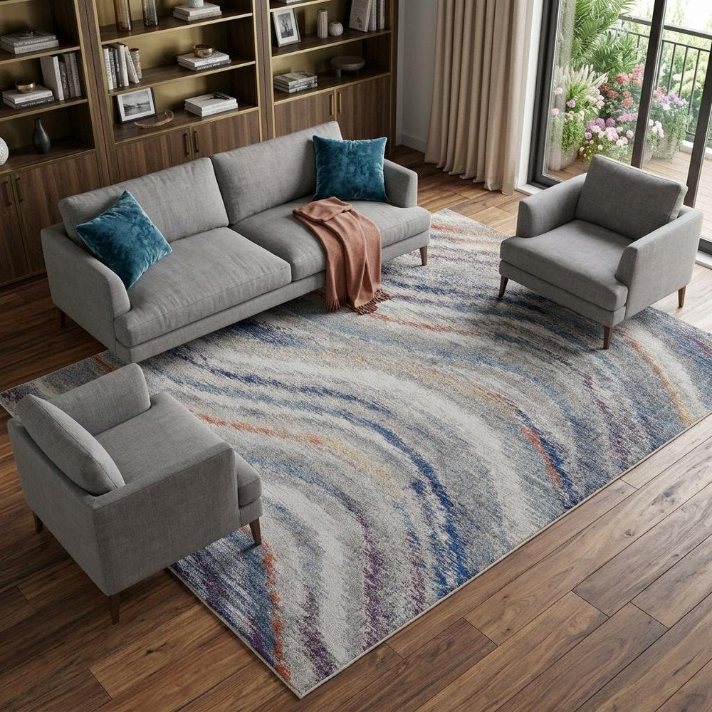 7' X 10' Blue and Gray Abstract Power Loom Non Skid Area Rug