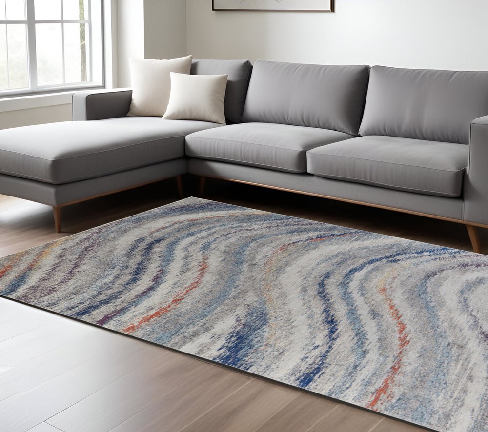 10' X 14' Blue Gray And Orange Abstract Power Loom Stain Resistant Area Rug