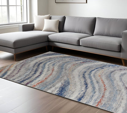 10' X 14' Blue Gray And Orange Abstract Power Loom Stain Resistant Area Rug