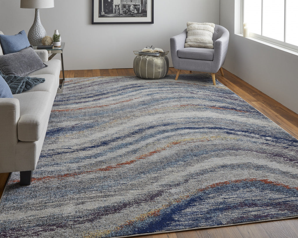 7' X 10' Blue Gray And Orange Abstract Power Loom Stain Resistant Area Rug