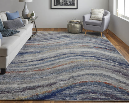 10' X 14' Blue Gray And Orange Abstract Power Loom Stain Resistant Area Rug