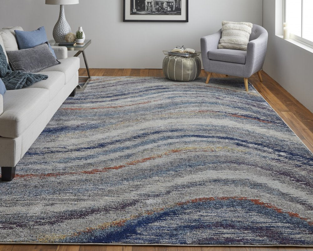10' X 14' Blue Gray And Orange Abstract Power Loom Stain Resistant Area Rug