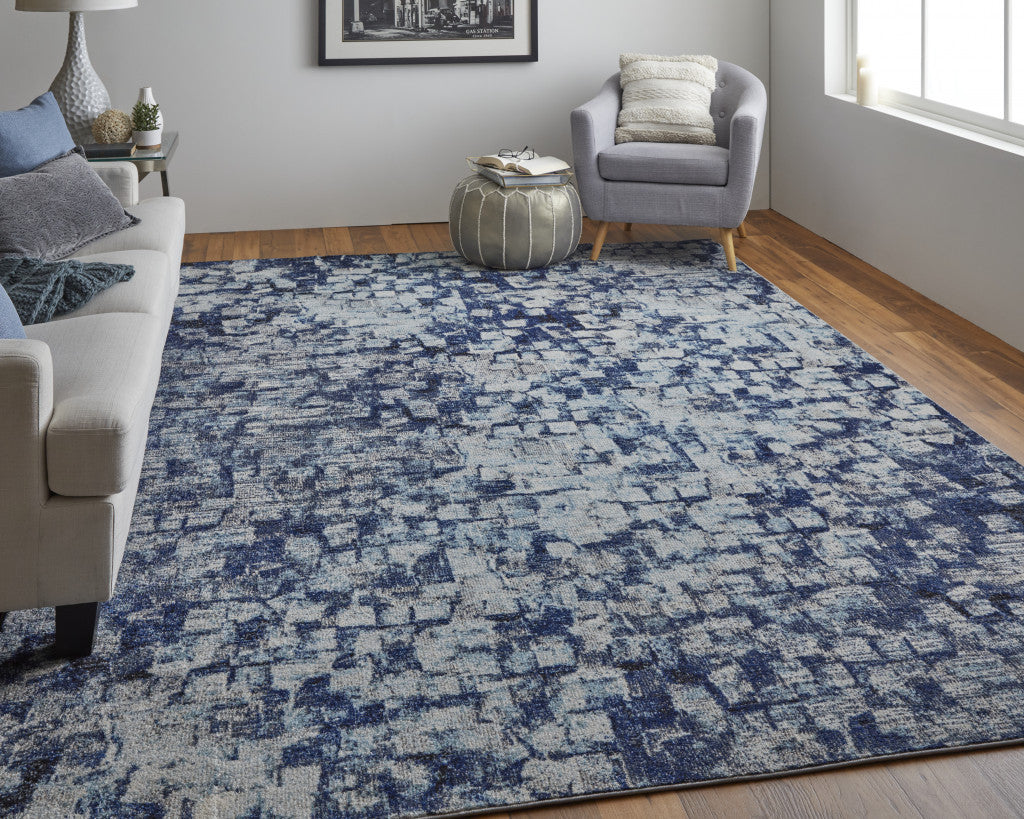 8' X 10' Blue And Ivory Abstract Power Loom Distressed Stain Resistant Area Rug