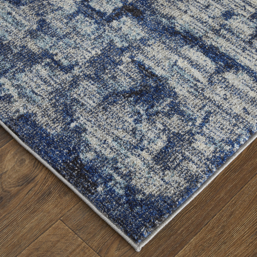 3' X 5' Blue And Ivory Abstract Power Loom Distressed Stain Resistant Area Rug