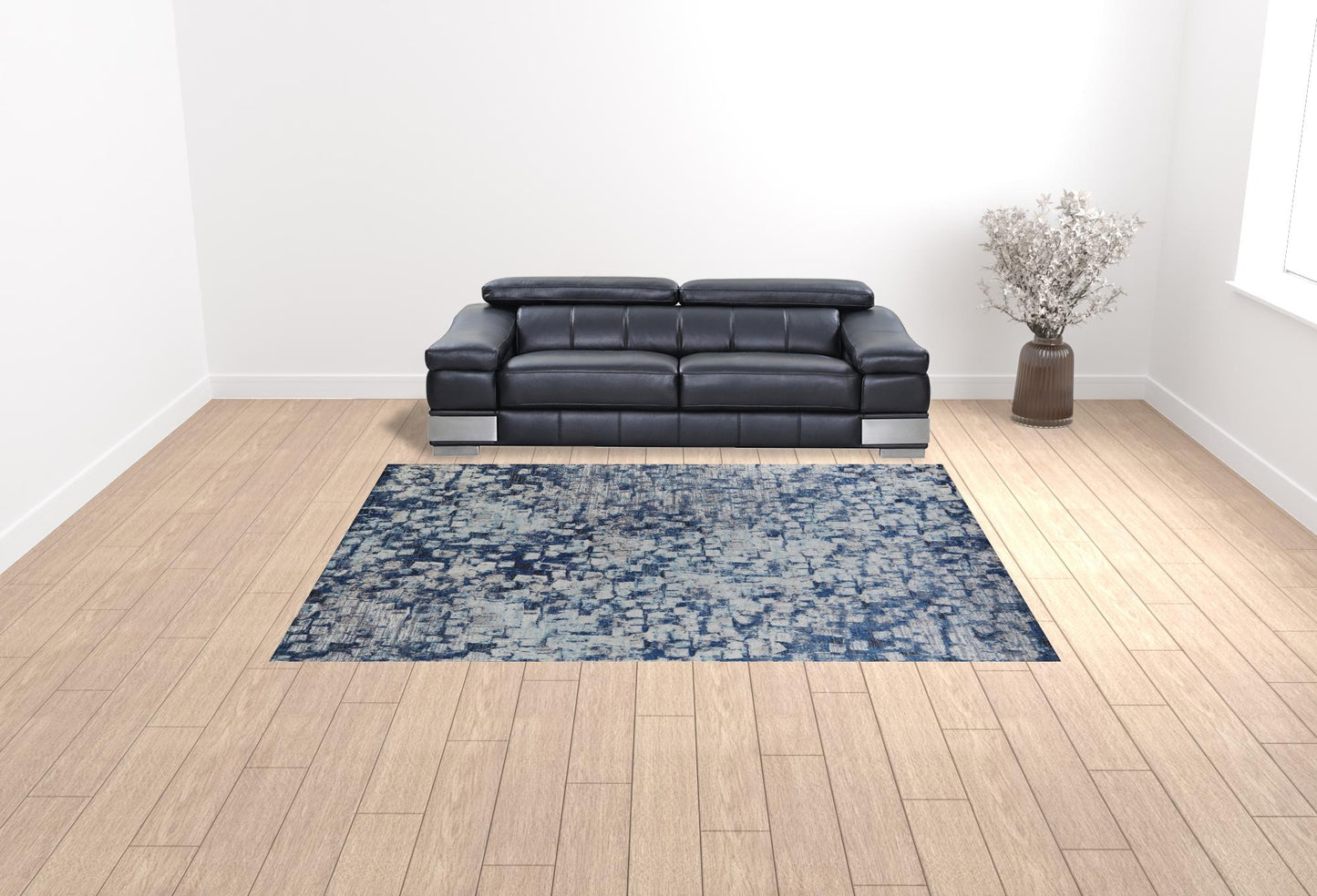 8' X 10' Blue And Ivory Abstract Power Loom Distressed Stain Resistant Area Rug