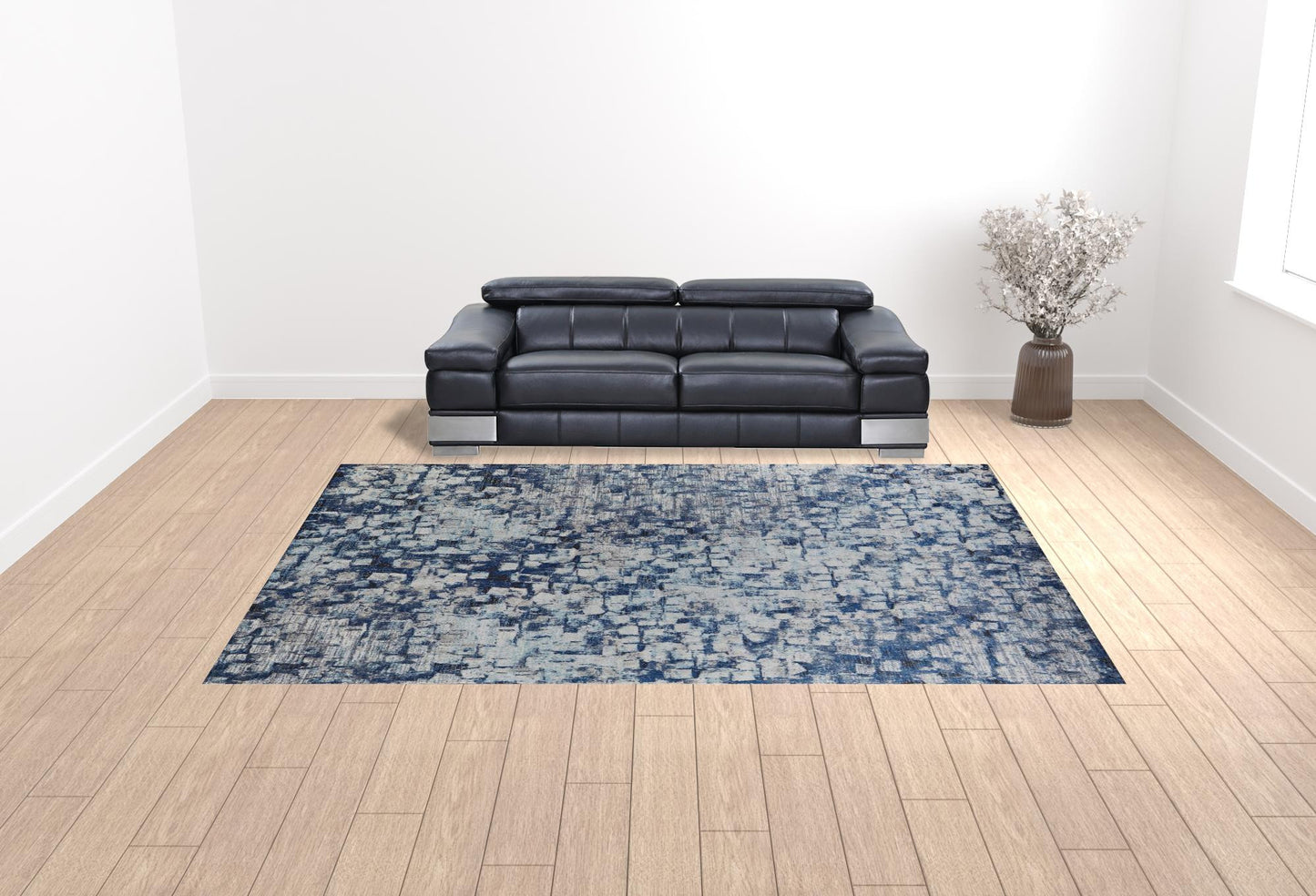 8' X 10' Blue And Ivory Abstract Power Loom Distressed Stain Resistant Area Rug