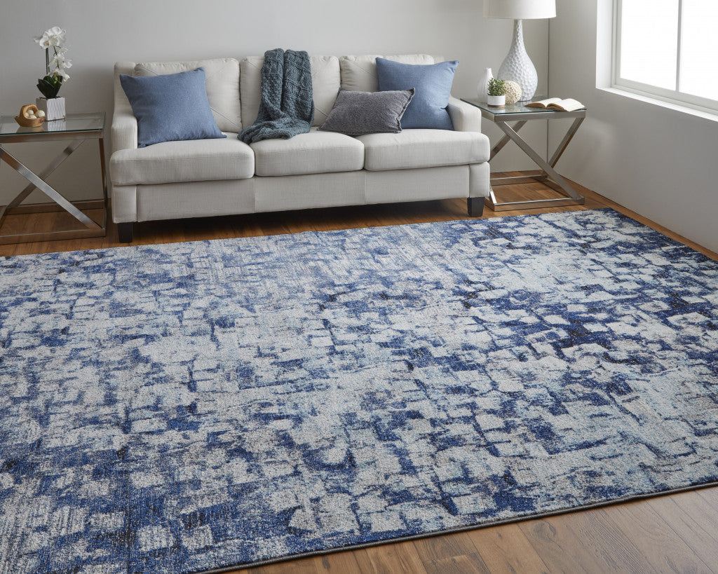 8' X 10' Blue And Ivory Abstract Power Loom Distressed Stain Resistant Area Rug