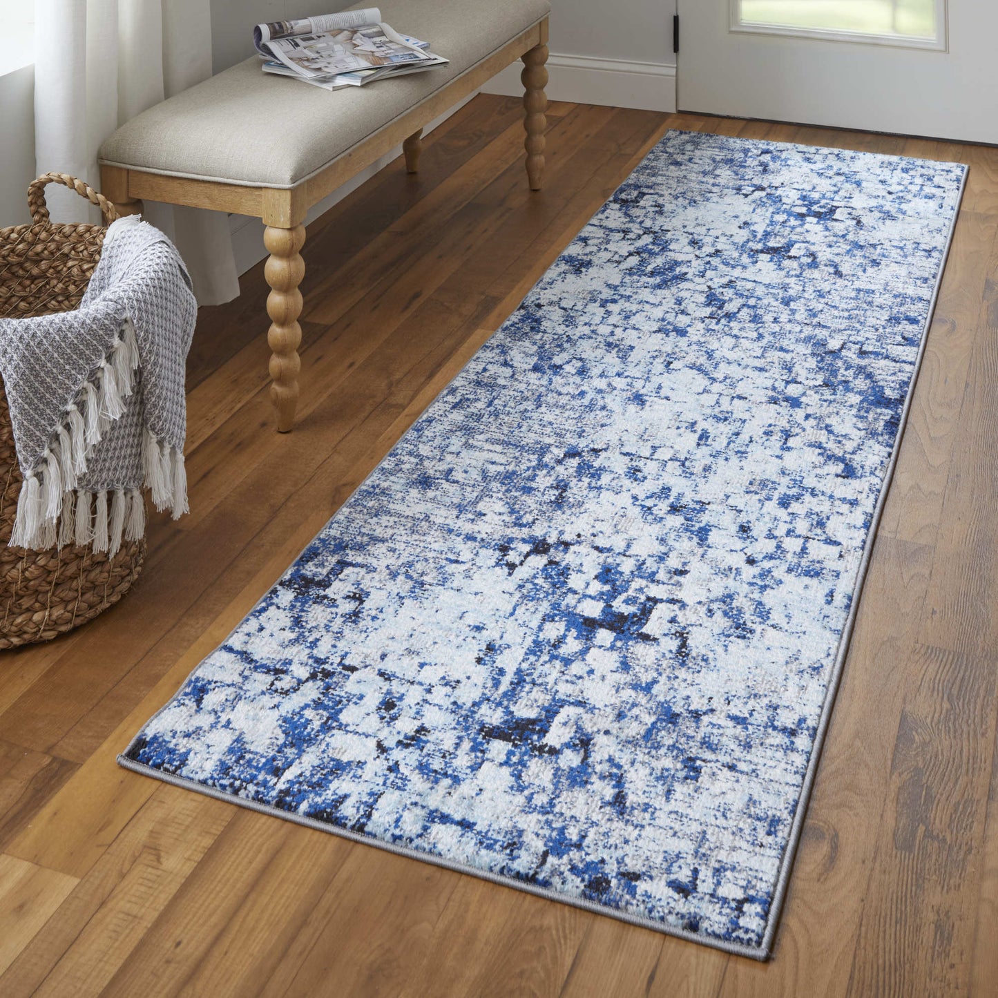 3' X 5' Blue And Ivory Abstract Power Loom Distressed Stain Resistant Area Rug