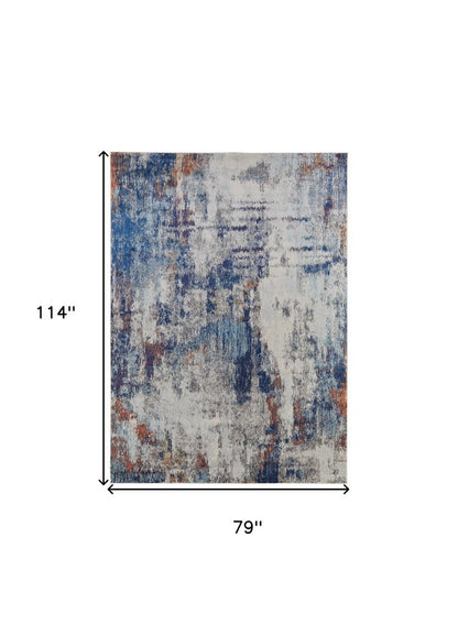 10' X 14' Ivory And Blue Abstract Power Loom Distressed Stain Resistant Area Rug