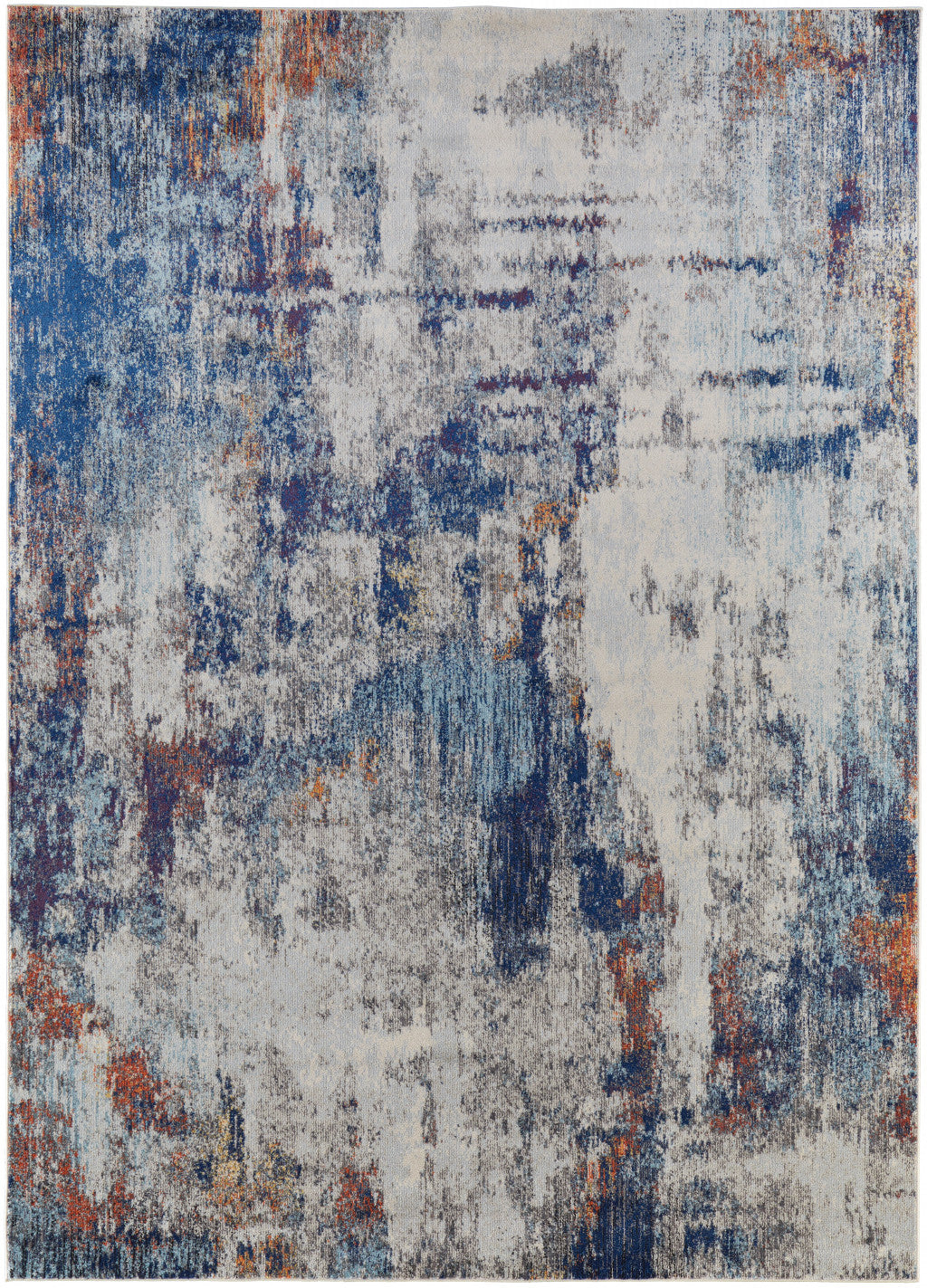 9' X 12' Ivory And Blue Abstract Power Loom Distressed Stain Resistant Area Rug