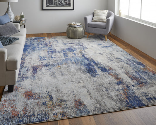 10' Ivory and Blue Abstract Power Loom Distressed Runner Rug