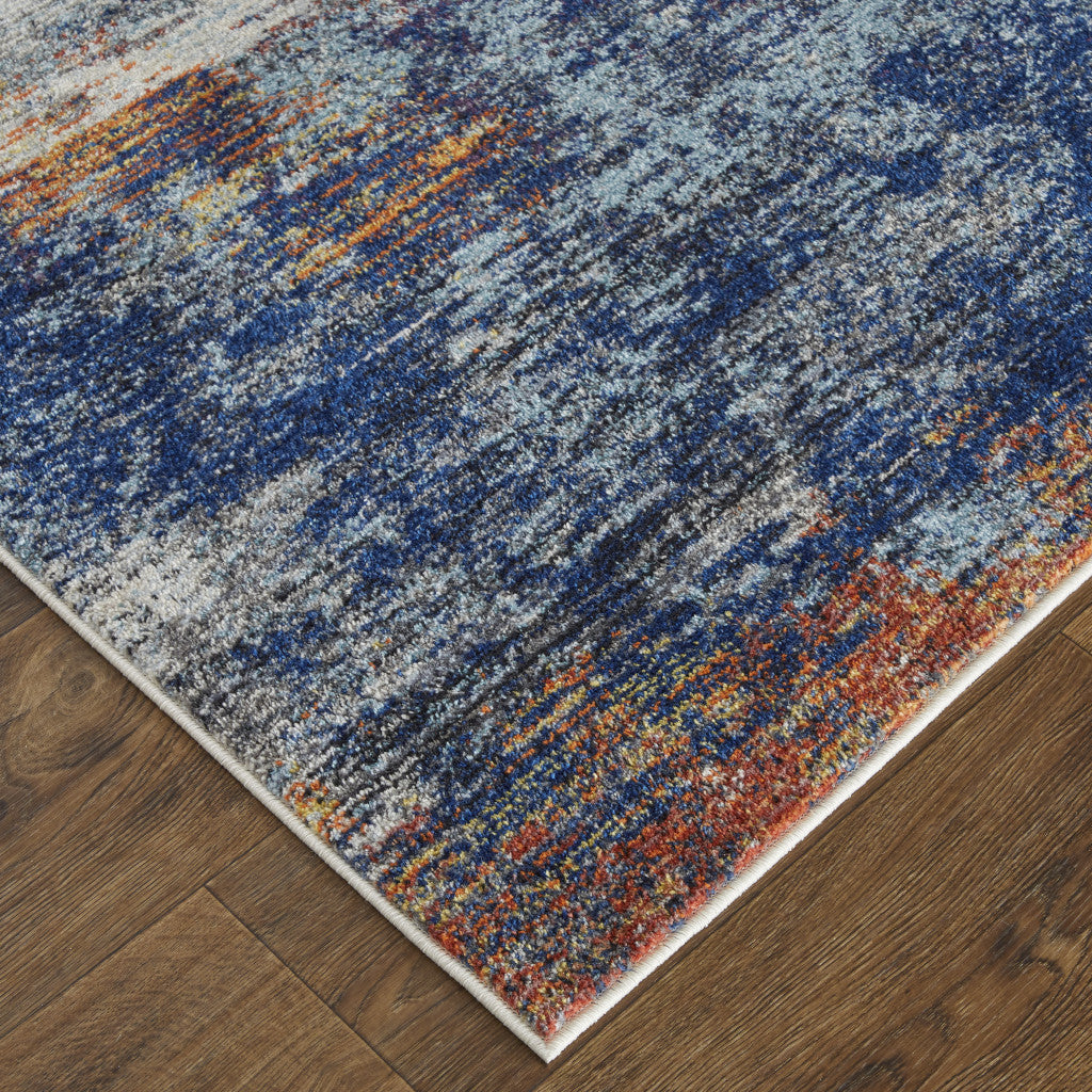 7' X 10' Ivory And Blue Abstract Power Loom Distressed Stain Resistant Area Rug