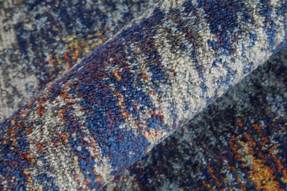 10' X 14' Ivory And Blue Abstract Power Loom Distressed Stain Resistant Area Rug