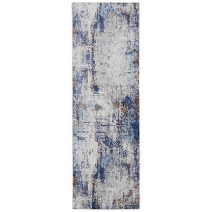 10' X 14' Ivory And Blue Abstract Power Loom Distressed Stain Resistant Area Rug