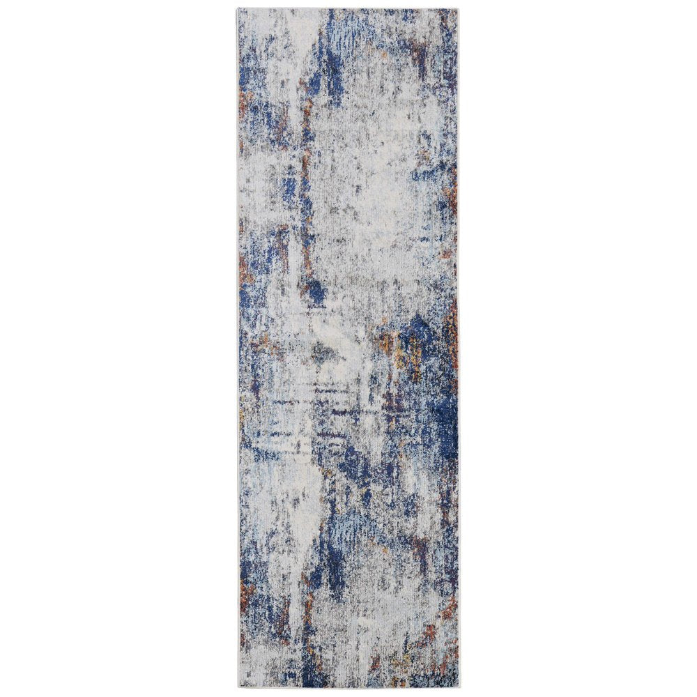10' X 14' Ivory And Blue Abstract Power Loom Distressed Stain Resistant Area Rug