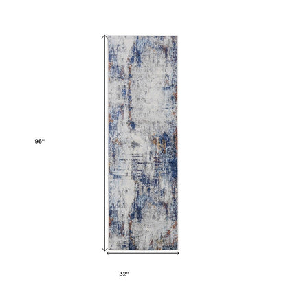 10' X 14' Ivory And Blue Abstract Power Loom Distressed Stain Resistant Area Rug